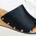 black leather wooden wedge women shoes clog