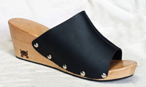 black leather wooden wedge women shoes clog
