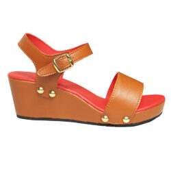 Brown Cognac Leather Wedge Synthetic Vegan Leather Women Sandal Wood Clog Custom Made