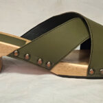 olive leather on fouda clog wooden heel custom made swedish clogs