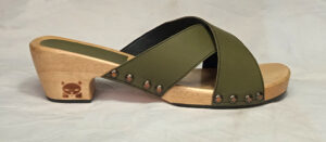 olive leather on fouda clog wooden heel custom made swedish clogs