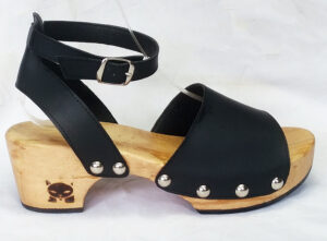 natural wooden clog ecofriendly with vegan black leather