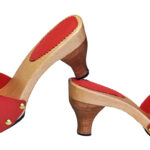 red sandal clog with large buckle