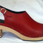 heeled clog design closed-toes natural sustainable wooden platform red leather