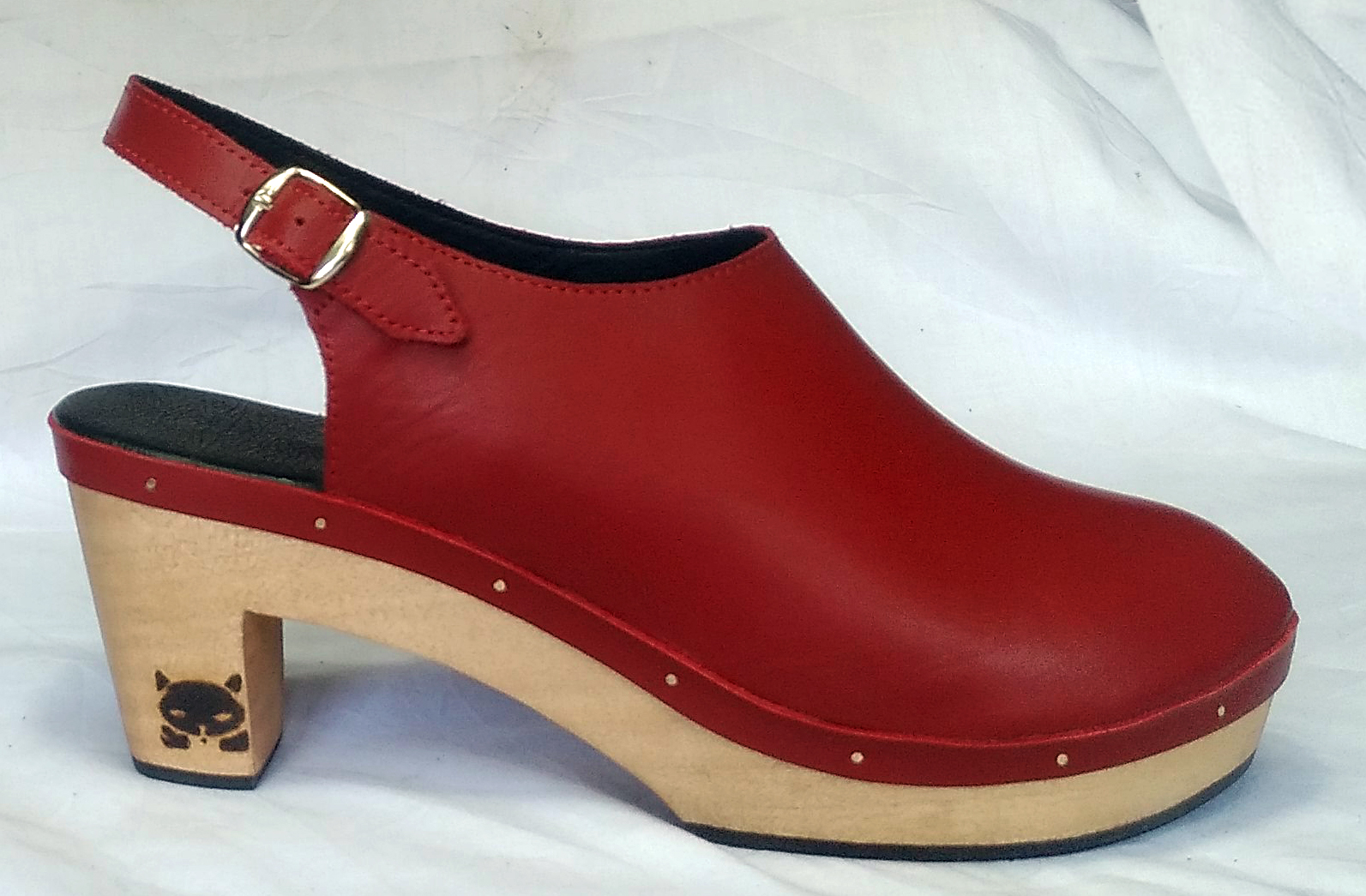 heeled clog design closed-toes natural sustainable wooden platform red leather